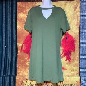 SHEIN-women’s army green short sleeve mid-length slip-on shirt dress